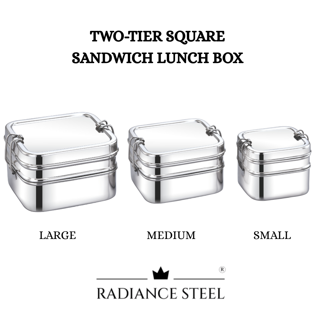 Two-Tier Stainless Steel Square Sandwich Lunch Box (Available in 3 sizes : Small, Medium, Large)