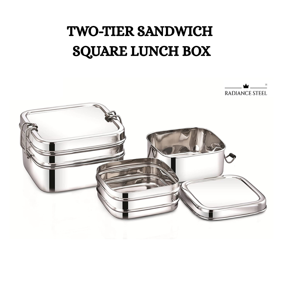 Two-Tier Stainless Steel Square Sandwich Lunch Box (Available in 3 sizes : Small, Medium, Large)