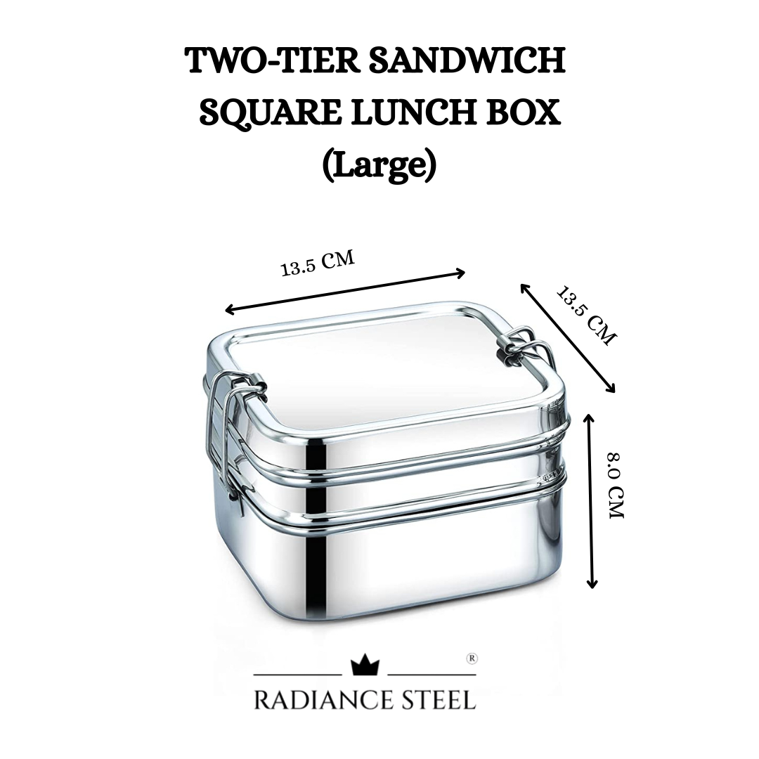 Two-Tier Stainless Steel Square Sandwich Lunch Box (Available in 3 sizes : Small, Medium, Large)