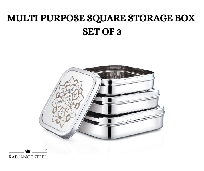 Stainless Steel Multi-Purpose Square Storage Container (with Laser Print) Set of 3 pcs, Capacity- Small -1300ml, Medium - 1800ml & Large - 2500 ml