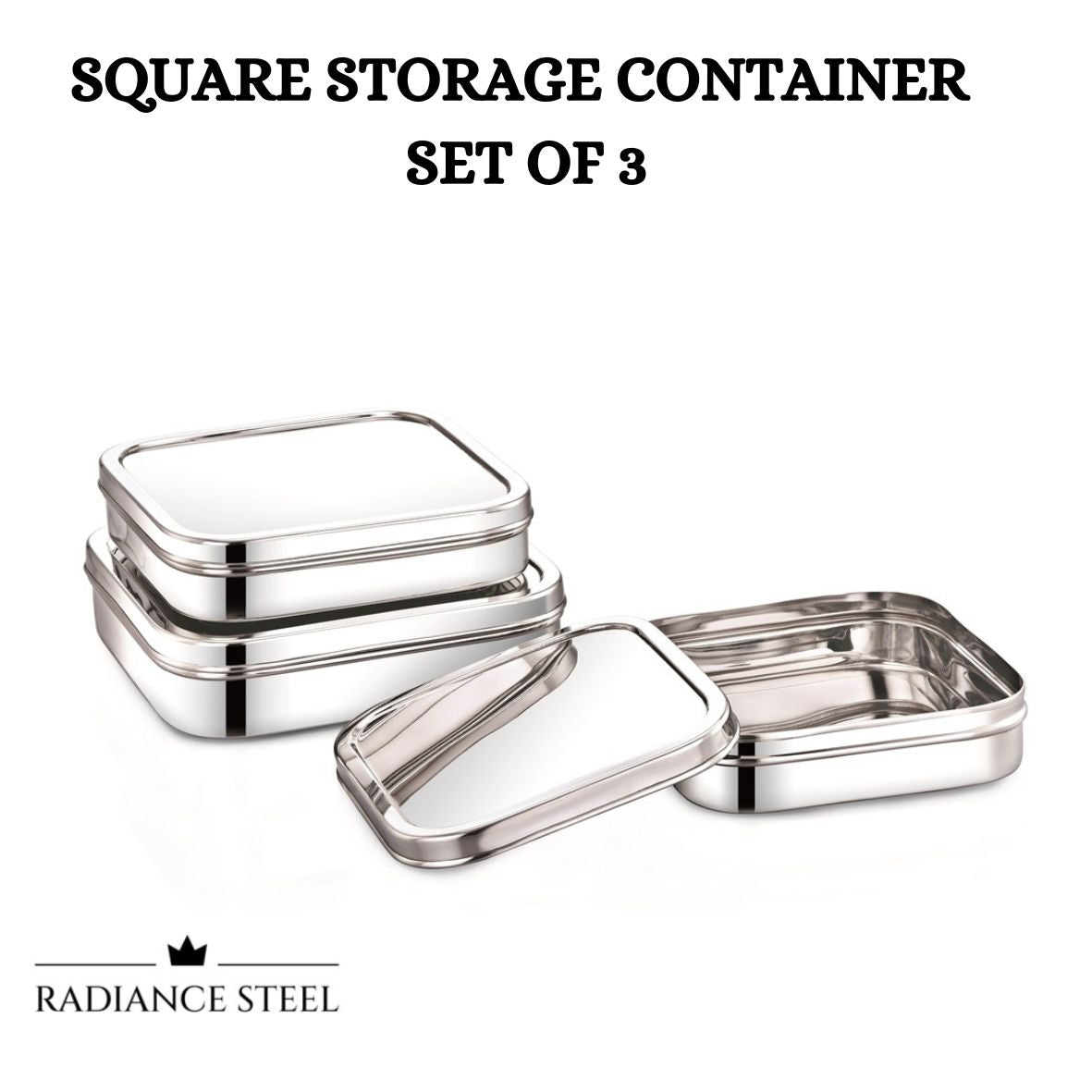 Stainless Steel Multi-Purpose Square Storage Container Set of 3, Capacity Small- 1300ml, Medium -1800ml & Large - 2500ml