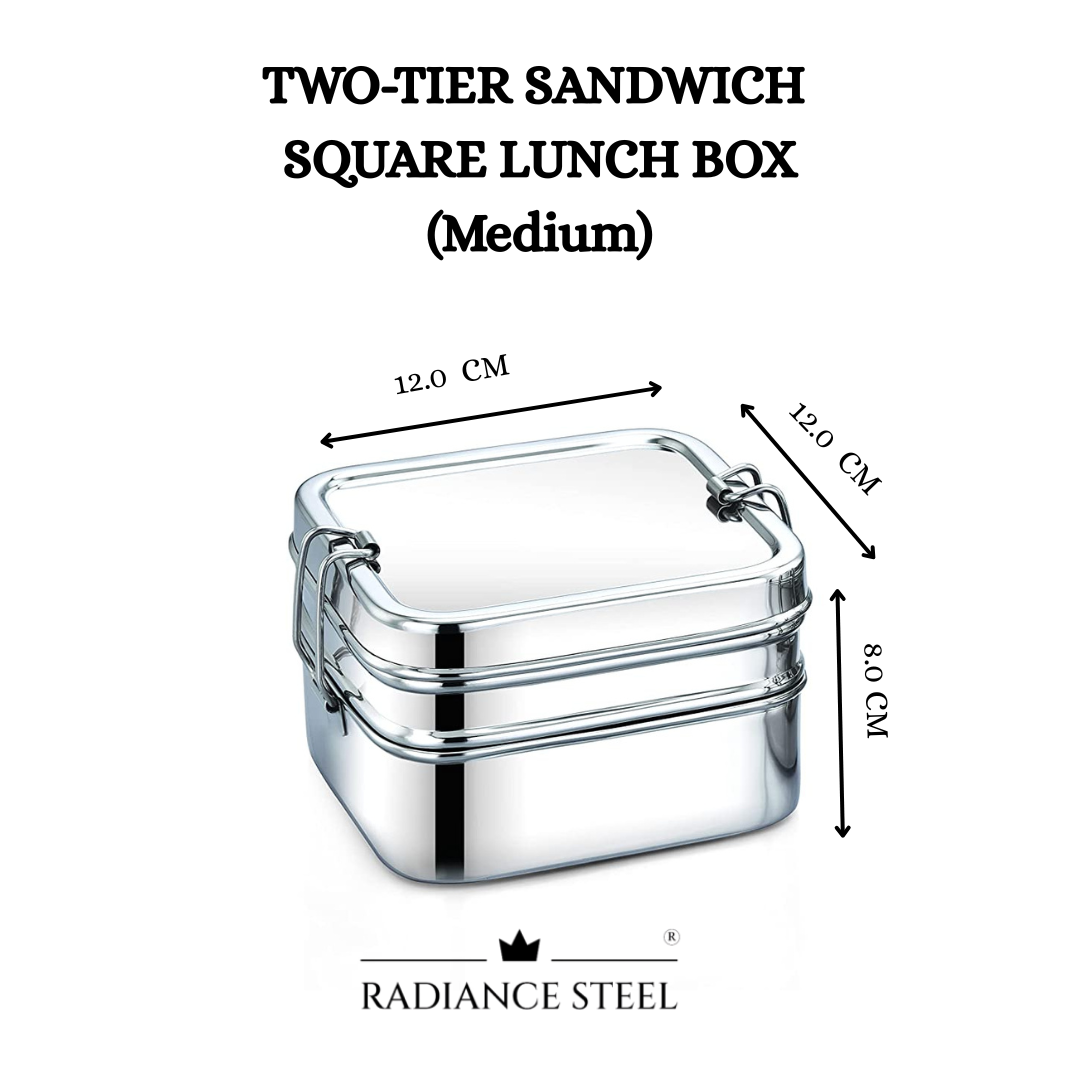 Two-Tier Stainless Steel Square Sandwich Lunch Box (Available in 3 sizes : Small, Medium, Large)