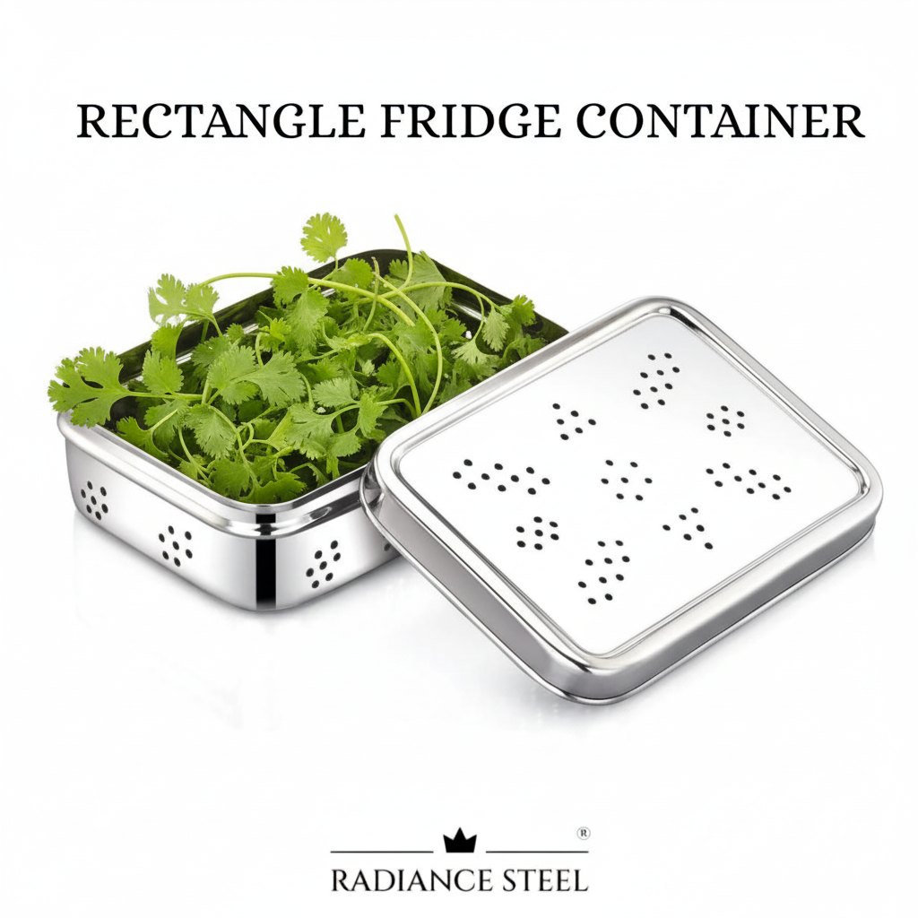 Stainless Steel Rectangle Fridge Container (Store Herbs And Veggies (Available in 2 sizes)