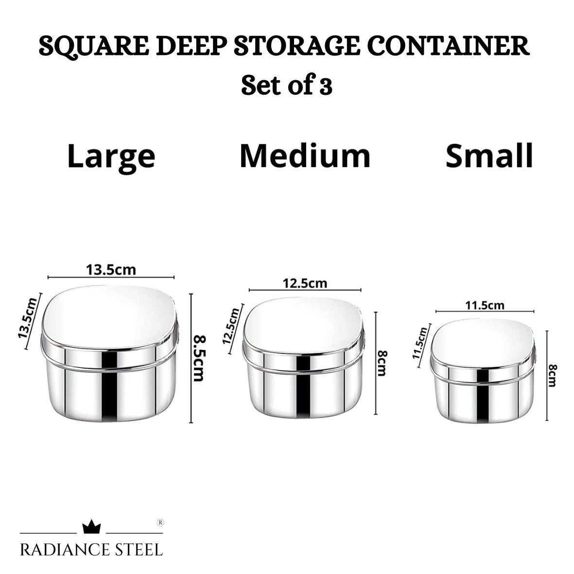Stainless Steel Deep Square Storage Container Set of 3 Pcs, Capacity - Small: 600ml, Medium:800ml & Large:1000ml