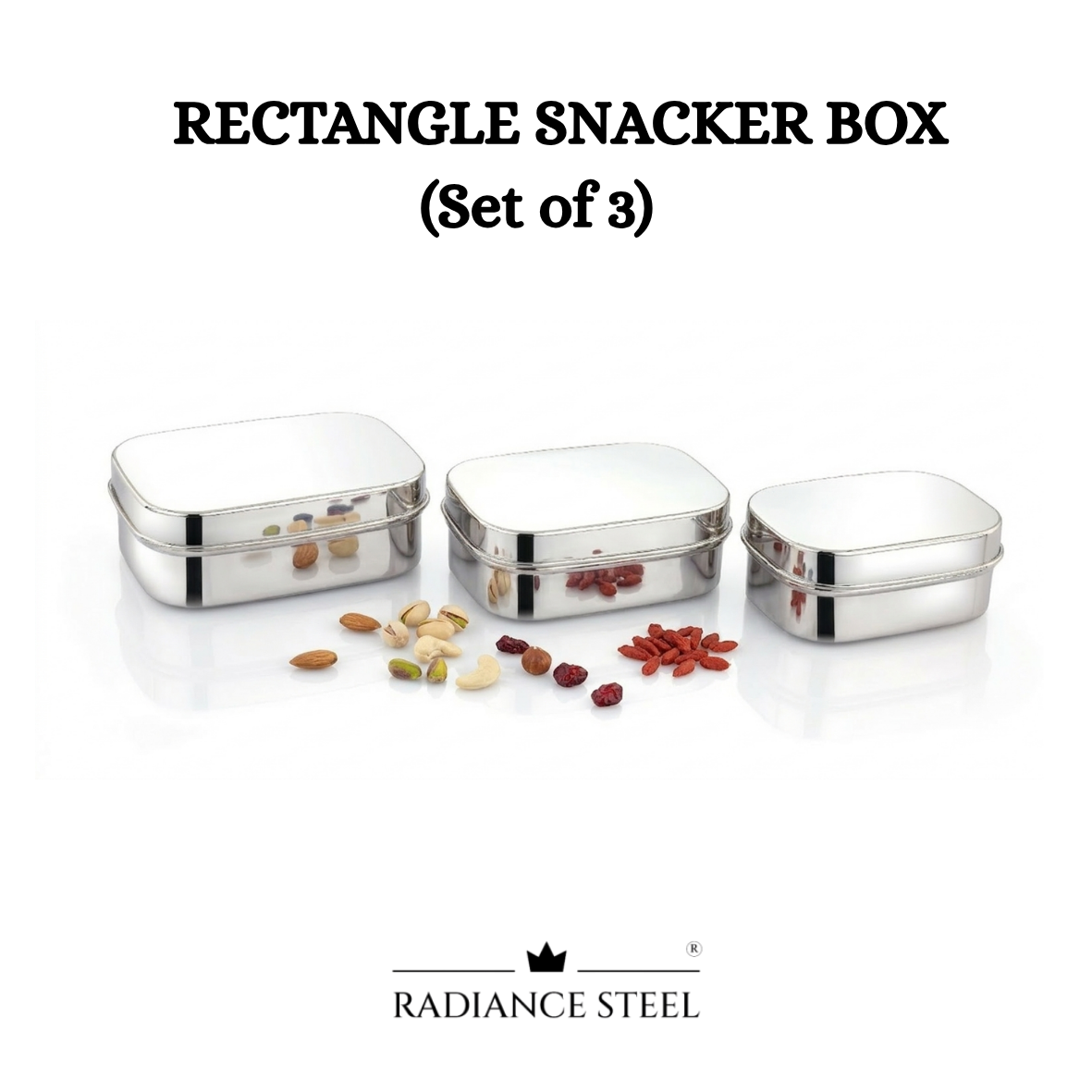 Radiance Steel Rectangular Snacker Box Set of 3(700 Ml, 500ML, 400ML)