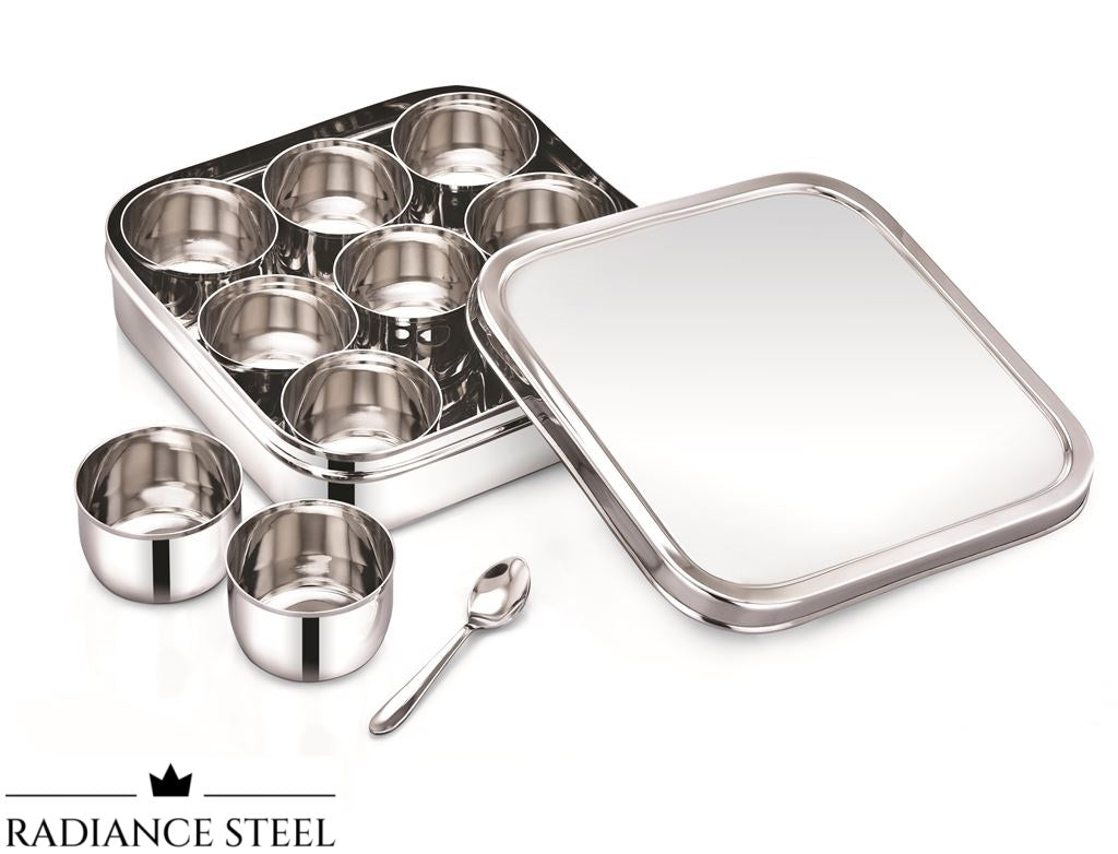 Stainless Steel Square Masala Dabba / Spice Box with Nine inner Cup and a spoon (Available in 2 size) - Radiance Steel | Manufacturers of Premium stainless steel lunchbox | masala dabba | Canisters | kitchen storage containers