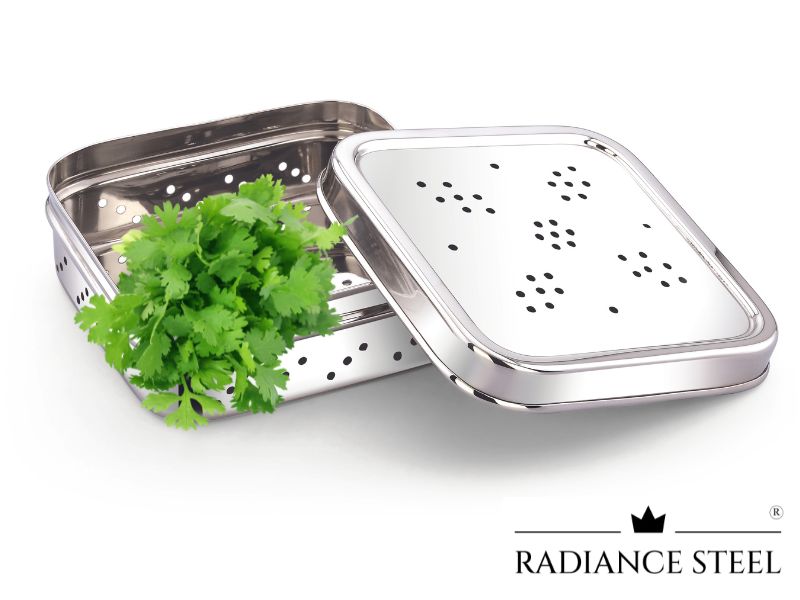Stainless Steel Square Fridge Container to store Herbs and Veggies for longer duration (Set of 3, Large - 650ml, Medium-550 ml, Small -350ml) - Radiance Steel | Manufacturers of Premium stainless steel lunchbox | masala dabba | Canisters | kitchen storage containers