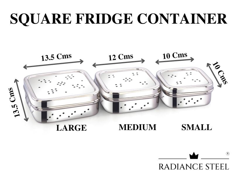 Stainless Steel Square Fridge Container to store Herbs and Veggies for longer duration (Set of 3, Large - 650ml, Medium-550 ml, Small -350ml) - Radiance Steel | Manufacturers of Premium stainless steel lunchbox | masala dabba | Canisters | kitchen storage containers