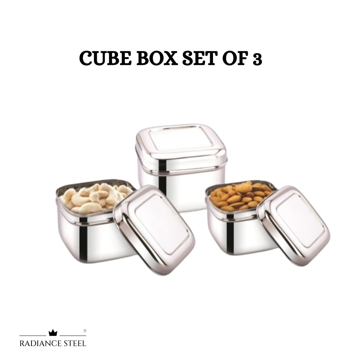 Stainless Steel Multi-Purpose Cube Box, (Set of 3 Pcs - Large, Medium, Small)