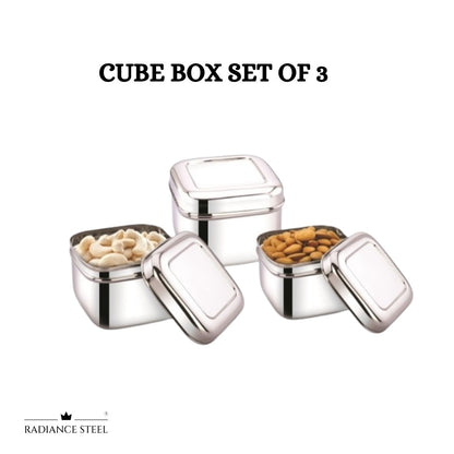 Stainless Steel Multi-Purpose Cube Box, (Set of 3 Pcs - Large, Medium, Small)