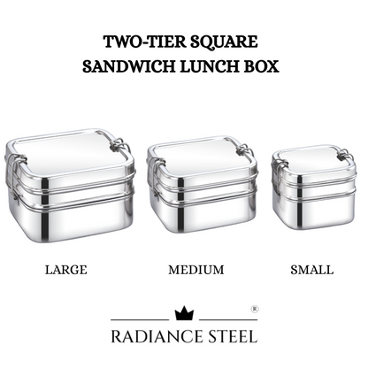 Two-Tier Stainless Steel Square Sandwich Lunch Box (Available in 3 sizes : Small, Medium, Large)