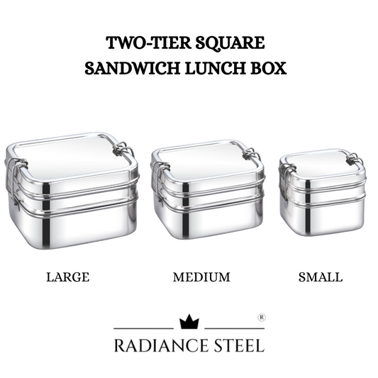 Two-Tier Stainless Steel Square Sandwich Lunch Box (Available in 3 sizes : Small, Medium, Large)
