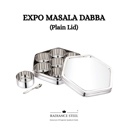 Expo Stainless Steel Spice Box | Masala Dabba | Dry  Fruit Box [Plain Lid] with Seven Round Inner Cups and a Spoon