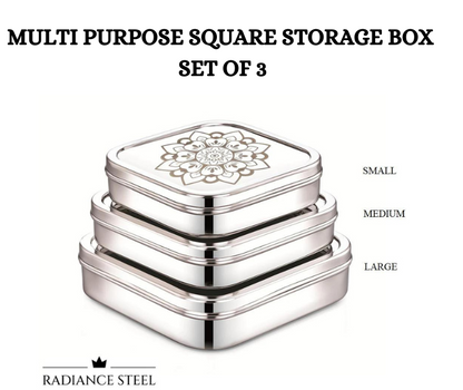 Stainless Steel Multi-Purpose Square Storage Container (with Laser Print) Set of 3 pcs, Capacity- Small -1300ml, Medium - 1800ml & Large - 2500 ml