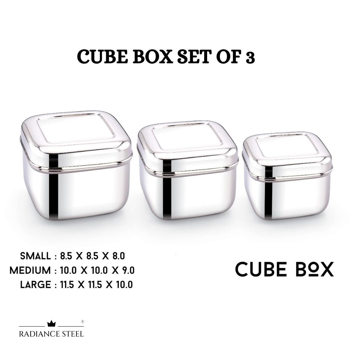 Stainless Steel Multi-Purpose Cube Box, (Set of 3 Pcs - Large, Medium, Small)