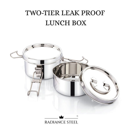 Stainless Steel Leakproof Two-Lier Round Lunch Box With A Handle On The Top