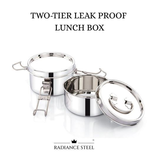Stainless Steel Leakproof Two-Lier Round Lunch Box With A Handle On The Top