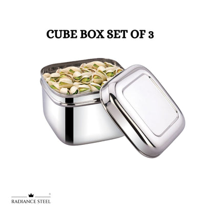 Stainless Steel Multi-Purpose Cube Box, (Set of 3 Pcs - Large, Medium, Small)