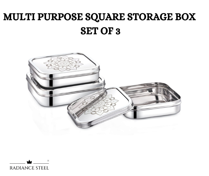 Stainless Steel Multi-Purpose Square Storage Container (with Laser Print) Set of 3 pcs, Capacity- Small -1300ml, Medium - 1800ml & Large - 2500 ml