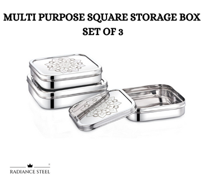 Stainless Steel Multi-Purpose Square Storage Container (with Laser Print) Set of 3 pcs, Capacity- Small -1300ml, Medium - 1800ml & Large - 2500 ml