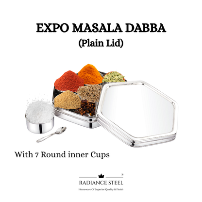 Expo Stainless Steel Spice Box | Masala Dabba | Dry  Fruit Box [Plain Lid] with Seven Round Inner Cups and a Spoon