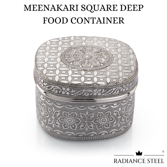 Meenakari Stainless Steel Square Deep Storage Container With Round Edges Medium [Capacity -800 ML]