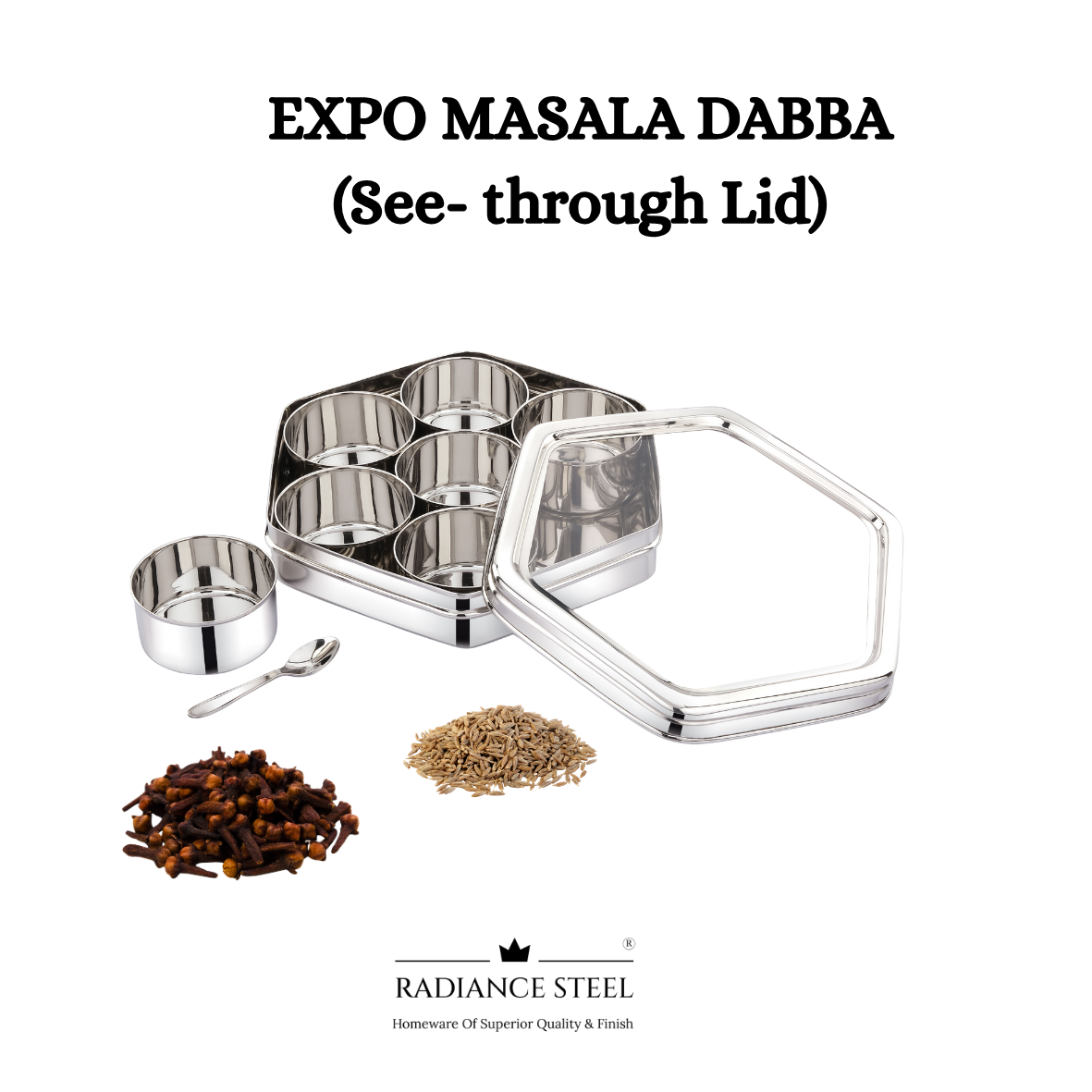 Expo [See Through Lid] Masala Dabba | Spice Box | Dry Fruit Box With Seven Round Inner Cups And A Spoon