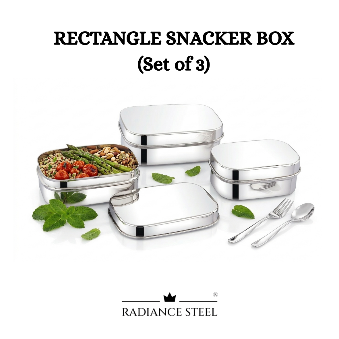 Radiance Steel Rectangular Snacker Box Set of 3(700 Ml, 500ML, 400ML)