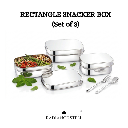 Radiance Steel Rectangular Snacker Box Set of 3(700 Ml, 500ML, 400ML)