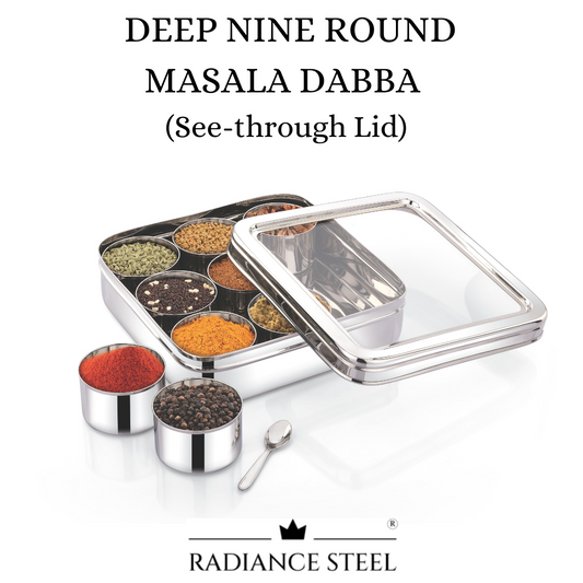 Stainless Steel Nine  Round Masala Dabba | Dry Fruit Box | Spice Box [See Through Lid] with Nine  Deep Round Inner Cups  And a Spoon
