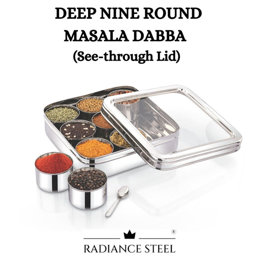 Stainless Steel Nine  Round Masala Dabba | Dry Fruit Box | Spice Box [See Through Lid] with Nine  Deep Round Inner Cups  And a Spoon