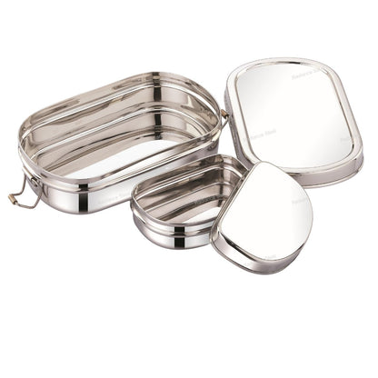 Stainless Steel Oval Lunch Box with Mini Container Sturdy and Durable, Kids Friendly Design(Available in 2 Sizes: Small,Large) - Radiance Steel | Manufacturers of Premium stainless steel lunchbox | masala dabba | Canisters | kitchen storage containers
