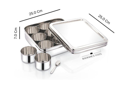 Stainless Steel Deep Square  Masala Dabba | Spice Box | Dry Fruit Box [Plain Lid]  With 9 Round Inner Cups And a  Spoon - Radiance Steel | Manufacturers of Premium stainless steel lunchbox | masala dabba | Canisters | kitchen storage containers