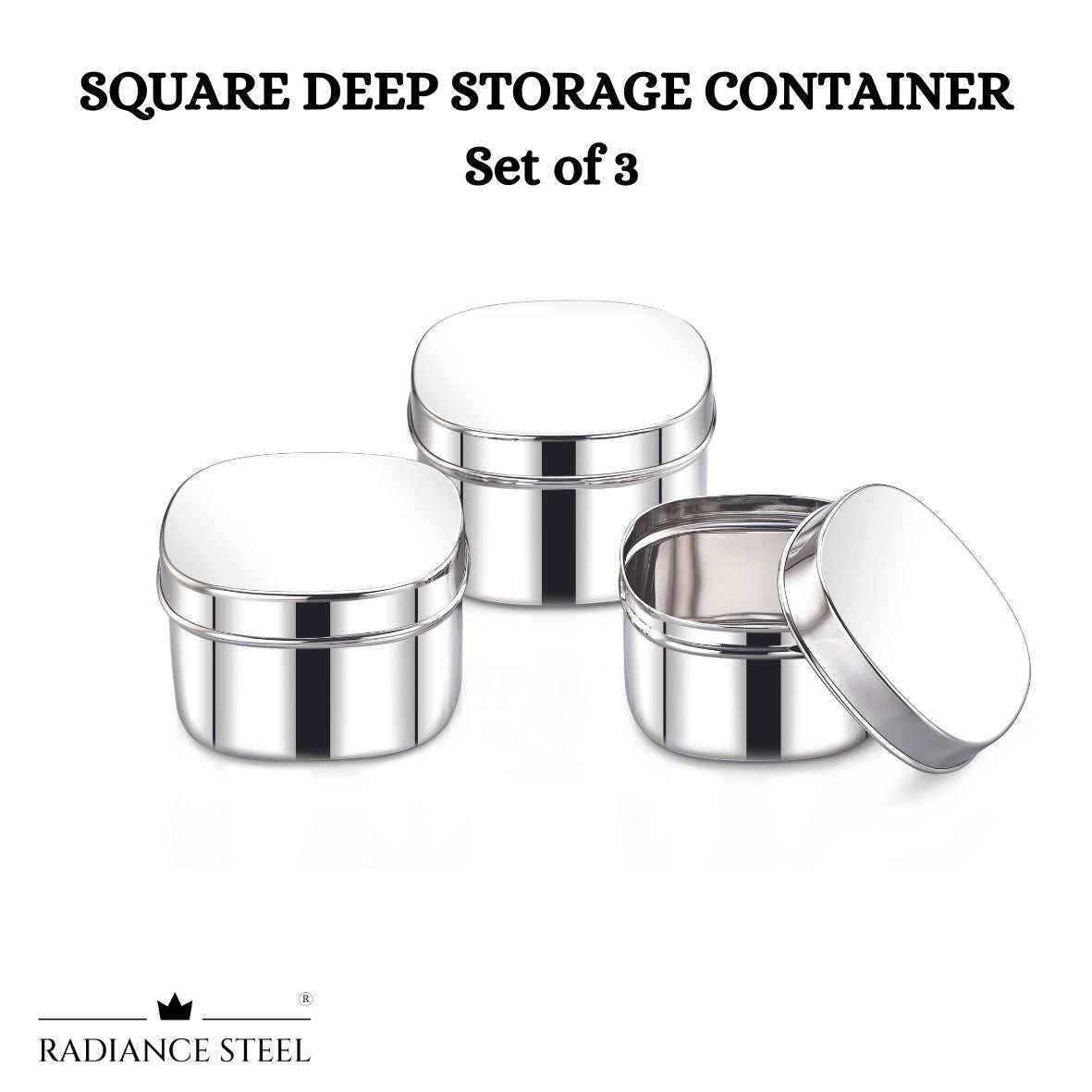 Stainless Steel Deep Square Storage Container Set of 3 Pcs, Capacity - Small: 600ml, Medium:800ml & Large:1000ml