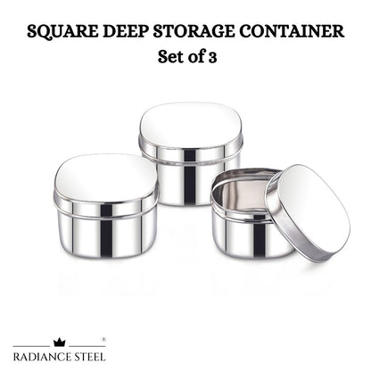 Stainless Steel Deep Square Storage Container Set of 3 Pcs, Capacity - Small: 600ml, Medium:800ml & Large:1000ml