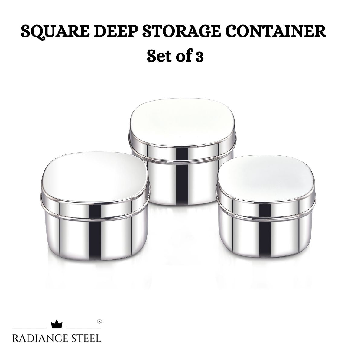 Stainless Steel Deep Square Storage Container Set of 3 Pcs, Capacity - Small: 600ml, Medium:800ml & Large:1000ml