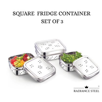 Stainless Steel Square Fridge Container to store Herbs and Veggies for longer duration (Set of 3, Large - 650ml, Medium-550 ml, Small -350ml)
