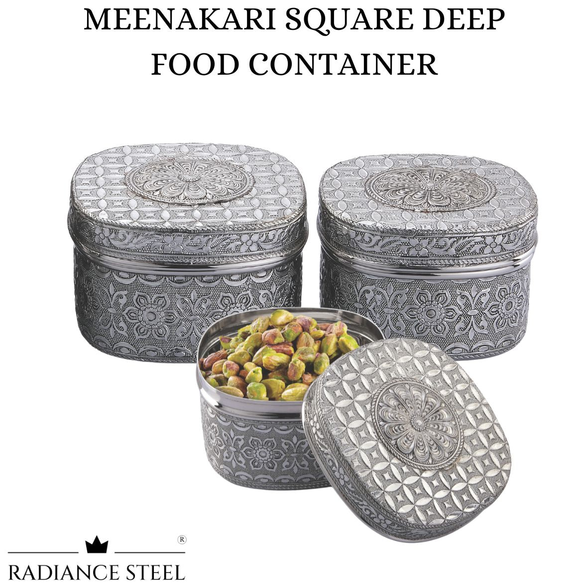 Meenakari Stainless Steel Square Deep Food Container With Round Edges ...