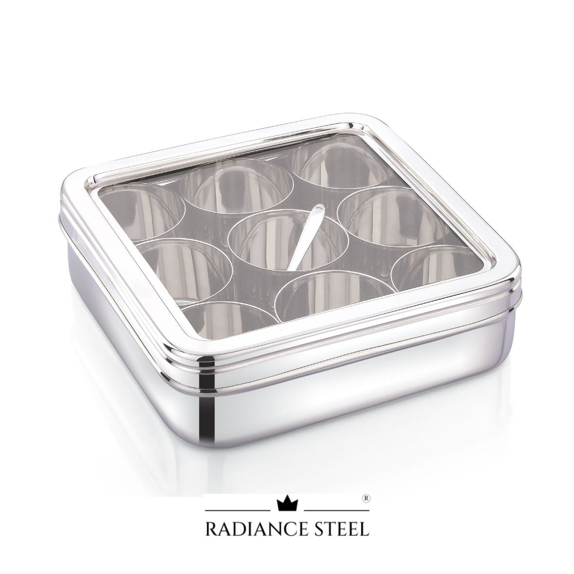 Stainless Steel Deep Square Masala Dabba | Dry Fruit Box | Spice Box [See Through Lid] with Nine Round Inner Cups  And a Spoon - Radiance Steel | Manufacturers of Premium stainless steel lunchbox | masala dabba | Canisters | kitchen storage containers