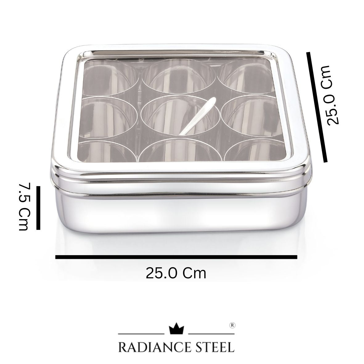 Stainless Steel Deep Square Masala Dabba | Dry Fruit Box | Spice Box [See Through Lid] with Nine Round Inner Cups  And a Spoon - Radiance Steel | Manufacturers of Premium stainless steel lunchbox | masala dabba | Canisters | kitchen storage containers