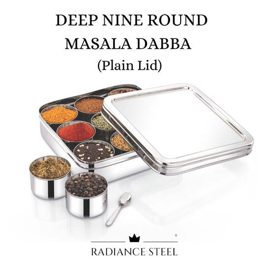 Stainless Steel Nine  Round  Masala Dabba | Spice Box | Dry Fruit Box [Plain Lid]  With 9 Round Deep Inner Cups And a  Spoon