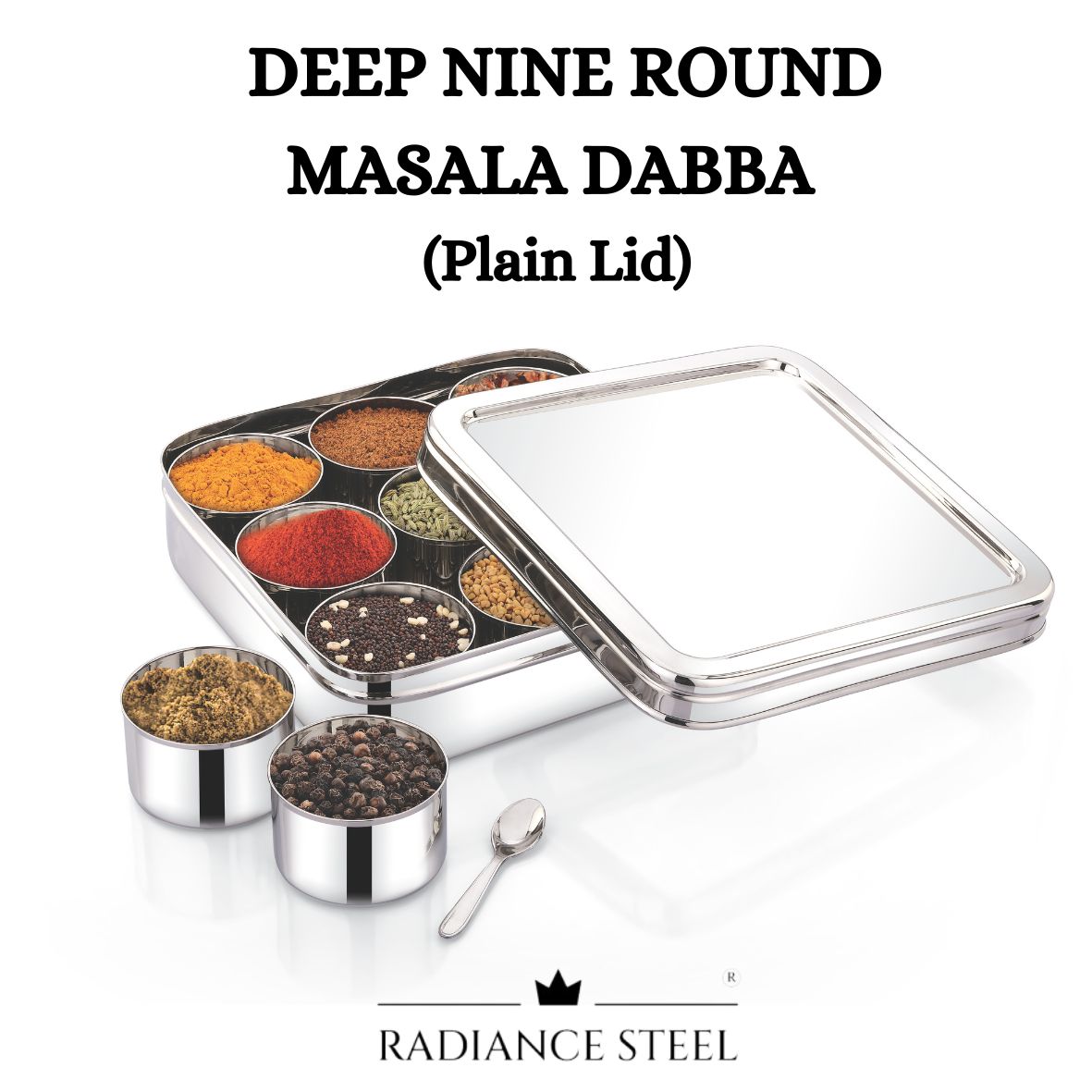 Stainless Steel Nine  Round  Masala Dabba | Spice Box | Dry Fruit Box [Plain Lid]  With 9 Round Deep Inner Cups And a  Spoon