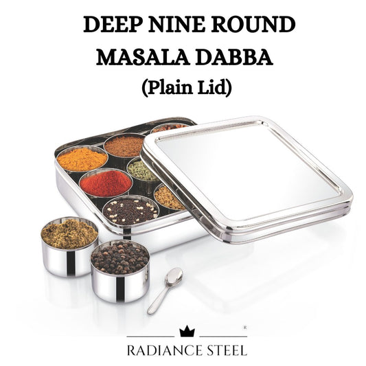Stainless Steel Nine  Round  Masala Dabba | Spice Box | Dry Fruit Box [Plain Lid]  With 9 Round Deep Inner Cups And a  Spoon