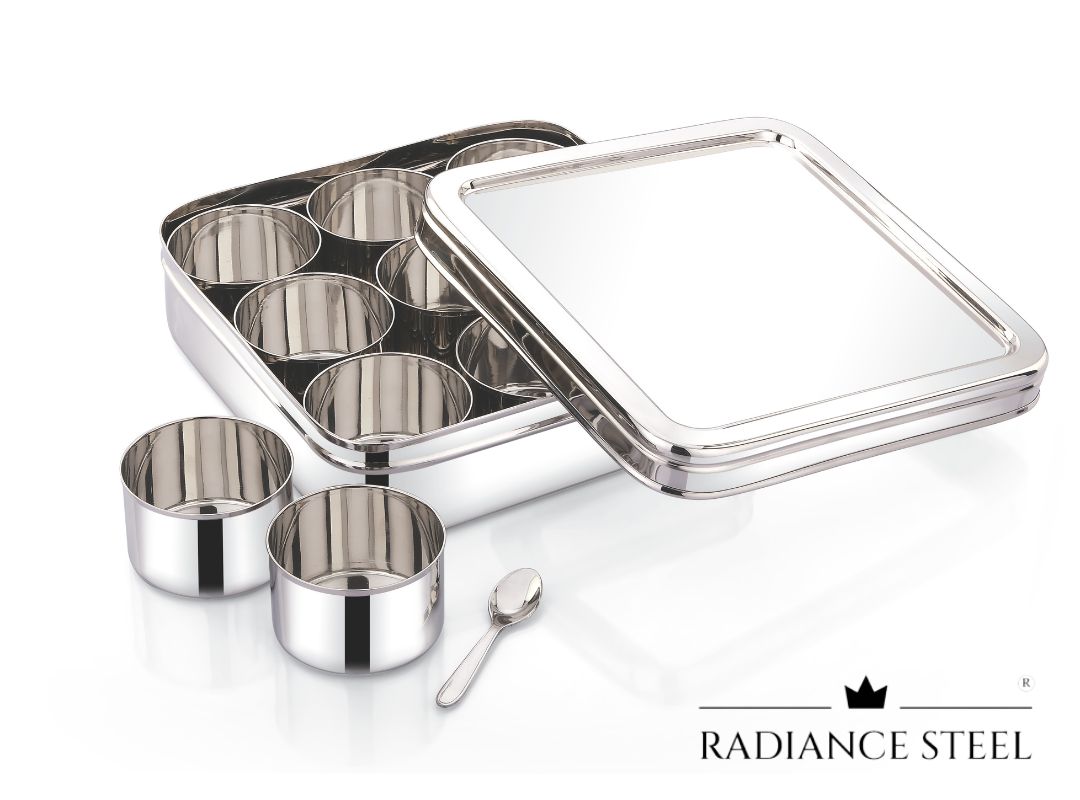 Stainless Steel Deep Square  Masala Dabba | Spice Box | Dry Fruit Box [Plain Lid]  With 9 Round Inner Cups And a  Spoon - Radiance Steel | Manufacturers of Premium stainless steel lunchbox | masala dabba | Canisters | kitchen storage containers