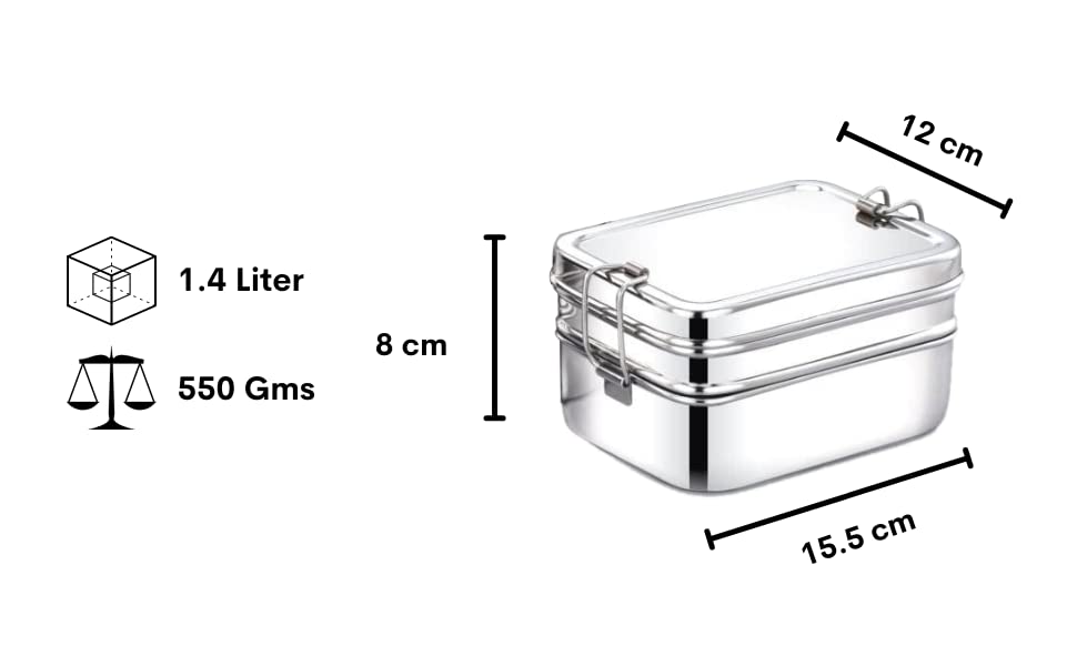 Two-Tier Rectangular Lunch Box With Mini Container (2 sizes- Small, Large) - Radiance Steel | Manufacturers of Premium stainless steel lunchbox | masala dabba | Canisters | kitchen storage containers
