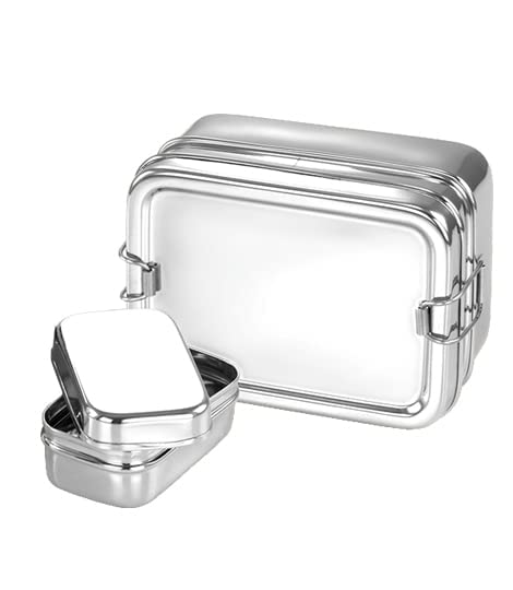 Two-Tier Rectangular Lunch Box With Mini Container (2 sizes- Small, Large) - Radiance Steel | Manufacturers of Premium stainless steel lunchbox | masala dabba | Canisters | kitchen storage containers